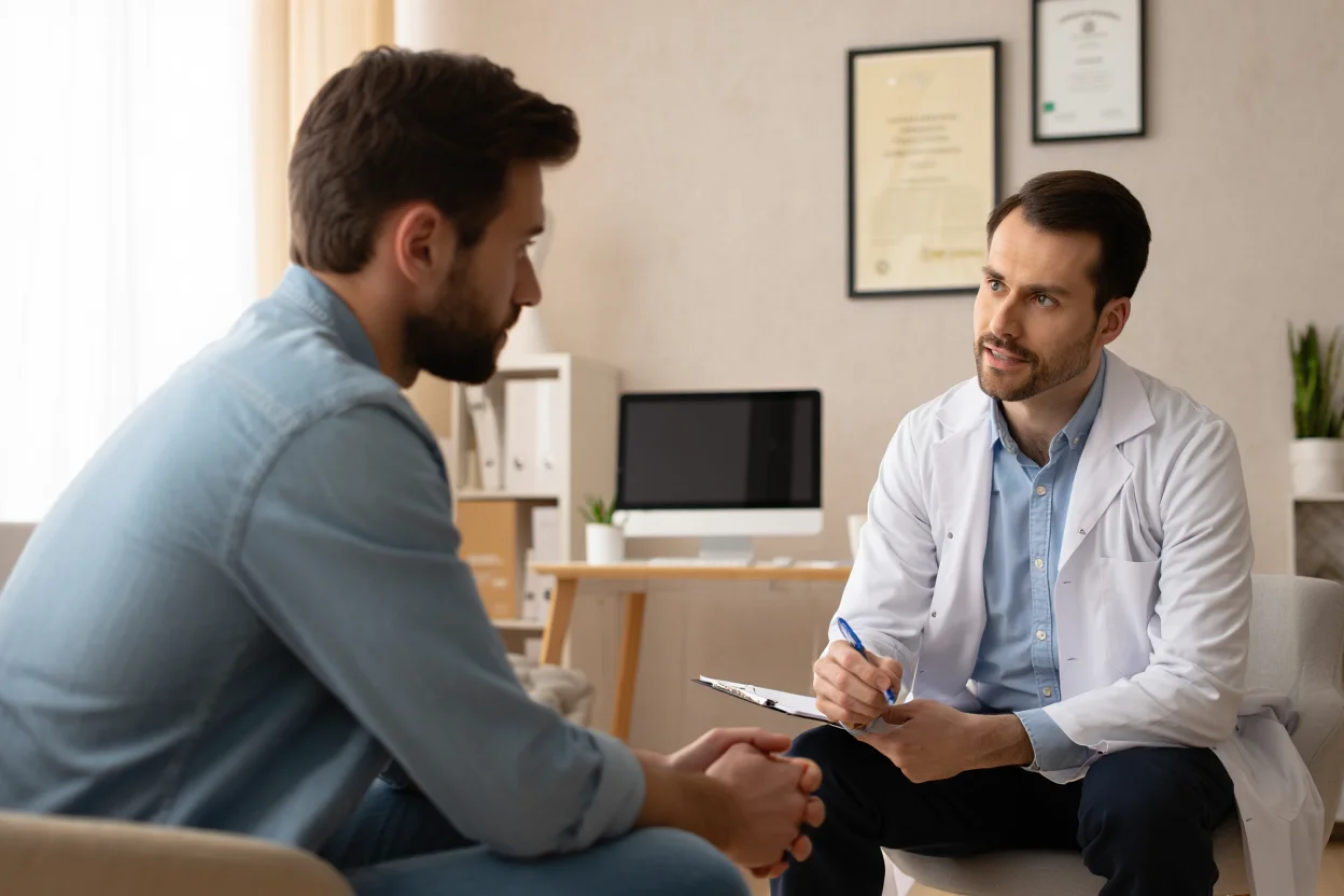 Мужчина на конфиденциальной консультации у врача-нарколога
